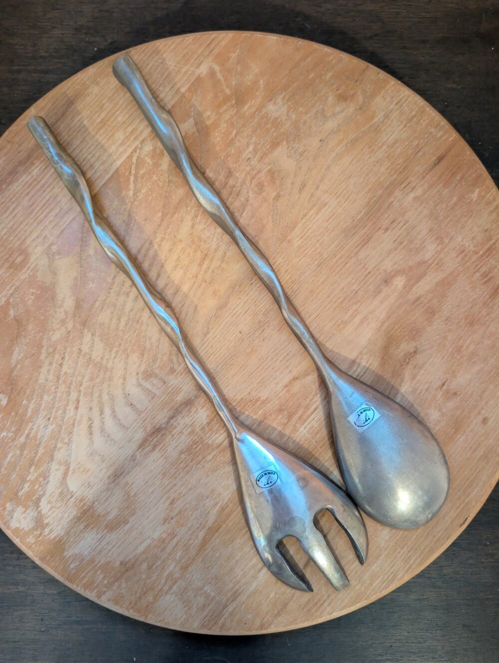 Vintage Aluminum Salad Serving Spoon Fork Set Twist Handles India 13.5"
